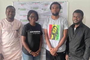L-R Bolu Babatunde Instructor, Olufunke Akinloye Founder Code Zone for Teens & Pre Teens, Michael Umoren Lead Instructor, Anthony Achoba Instructor at the closing presentation of Code Zone 2022